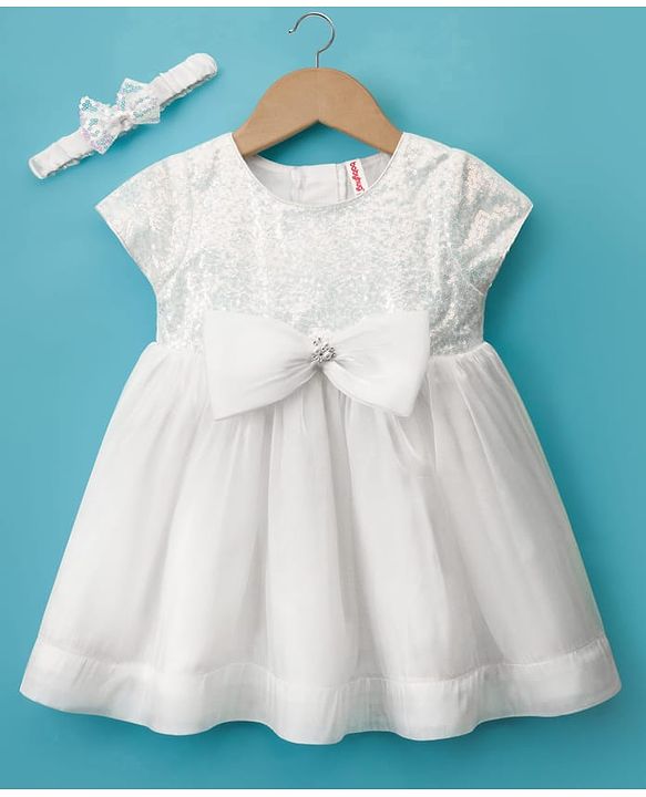 Babyhug Woven Half Sleeves Party Dress with Headband Sequin Detailing & Bow Applique - White