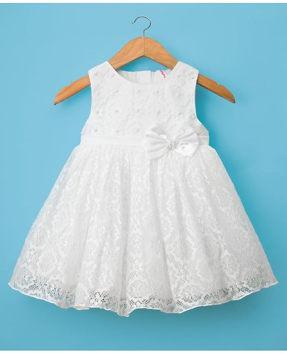 Babyhug Woven Sleeveless Lace Baptism Party Dress with Headband Booties & Pearl Detailing - White