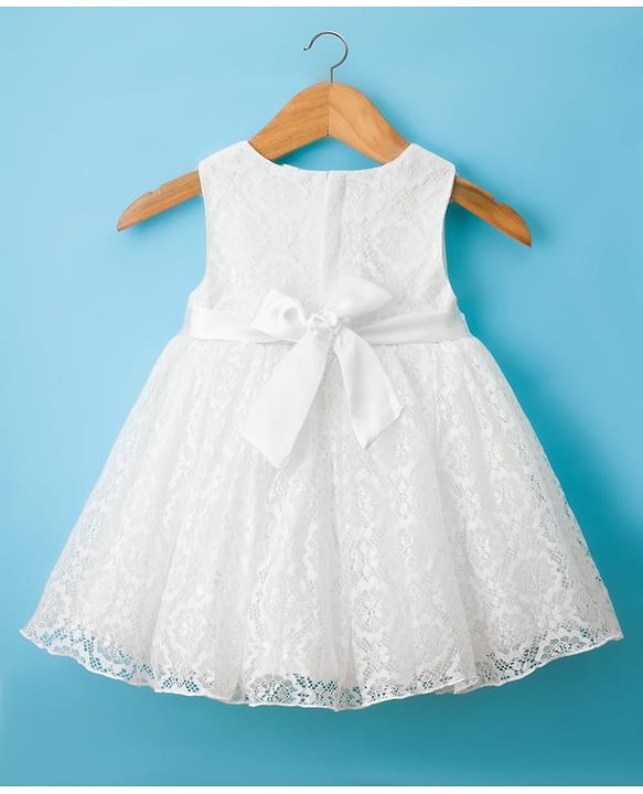 Babyhug Woven Sleeveless Lace Baptism Party Dress with Headband Booties & Pearl Detailing - White
