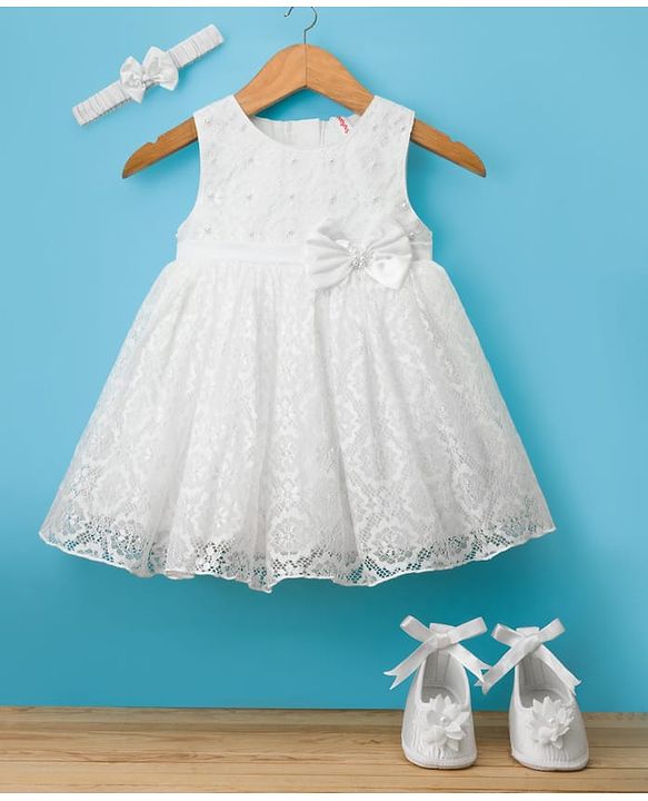 Babyhug Woven Sleeveless Lace Baptism Party Dress with Headband Booties & Pearl Detailing - White