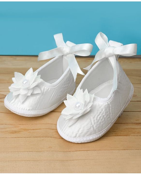 Babyhug Woven Sleeveless Lace Baptism Party Dress with Headband Booties & Pearl Detailing - White