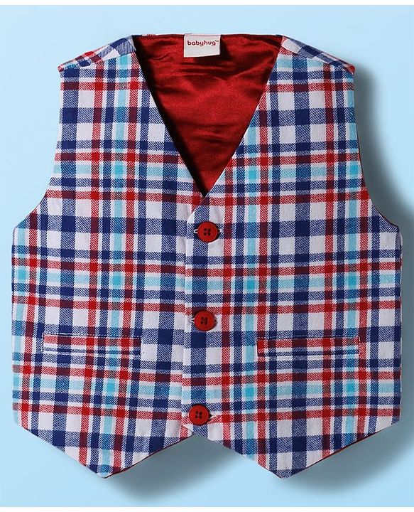 Babyhug Cotton Woven Full Sleeves Giraffe Printed Party T-Shirt & Trouser Set with Yarn Dyed Checks Waistcoat - Blue
