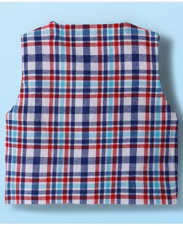 Babyhug Cotton Woven Full Sleeves Giraffe Printed Party T-Shirt & Trouser Set with Yarn Dyed Checks Waistcoat - Blue
