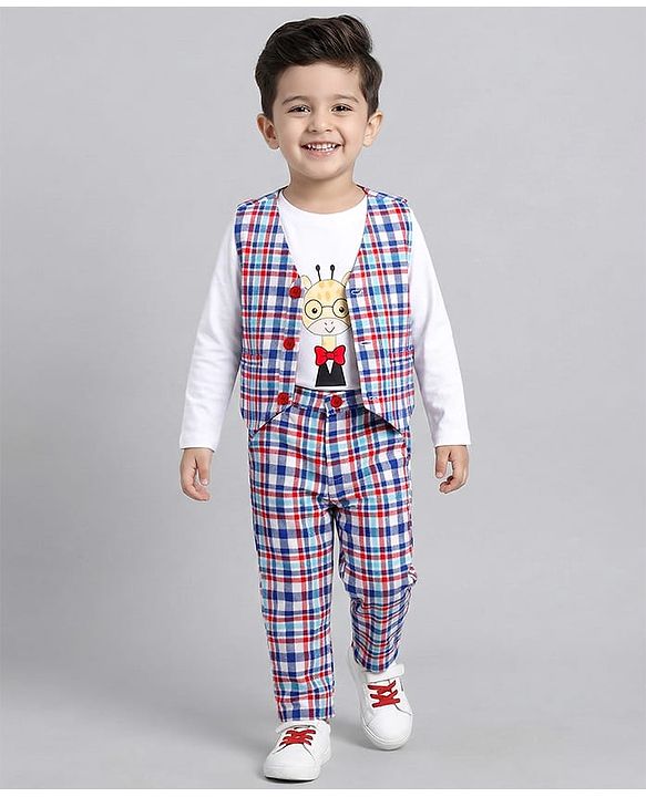 Babyhug Cotton Woven Full Sleeves Giraffe Printed Party T-Shirt & Trouser Set with Yarn Dyed Checks Waistcoat - Blue