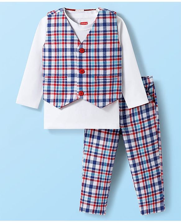 Babyhug Cotton Woven Full Sleeves Giraffe Printed Party T-Shirt & Trouser Set with Yarn Dyed Checks Waistcoat - Blue