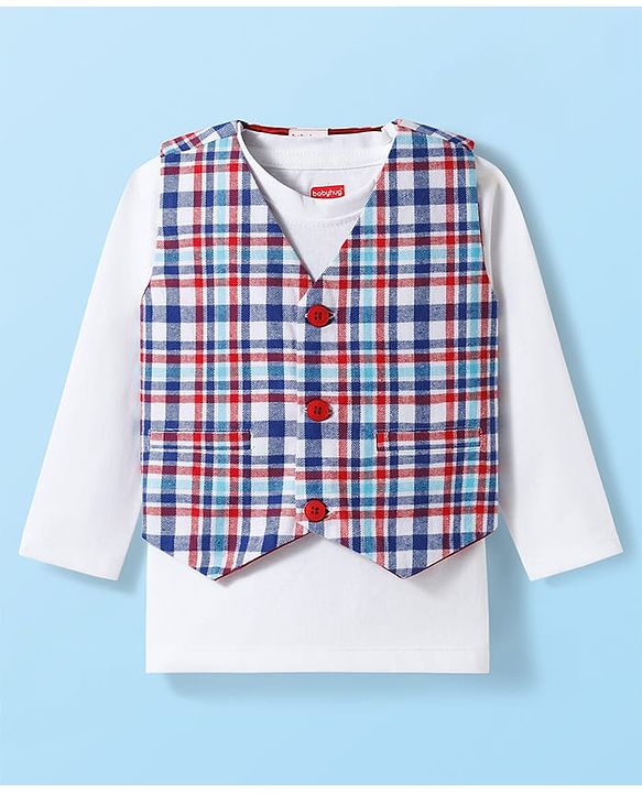 Babyhug Cotton Woven Full Sleeves Giraffe Printed Party T-Shirt & Trouser Set with Yarn Dyed Checks Waistcoat - Blue