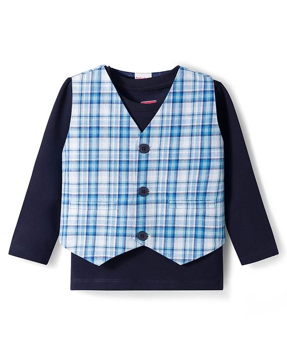 Babyhug Cotton Woven Full Sleeves T-Shirt with Yarn Dyed Checks Waistcoat & Trouser - Blue