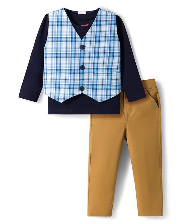 Babyhug Cotton Woven Full Sleeves T-Shirt with Yarn Dyed Checks Waistcoat & Trouser - Blue