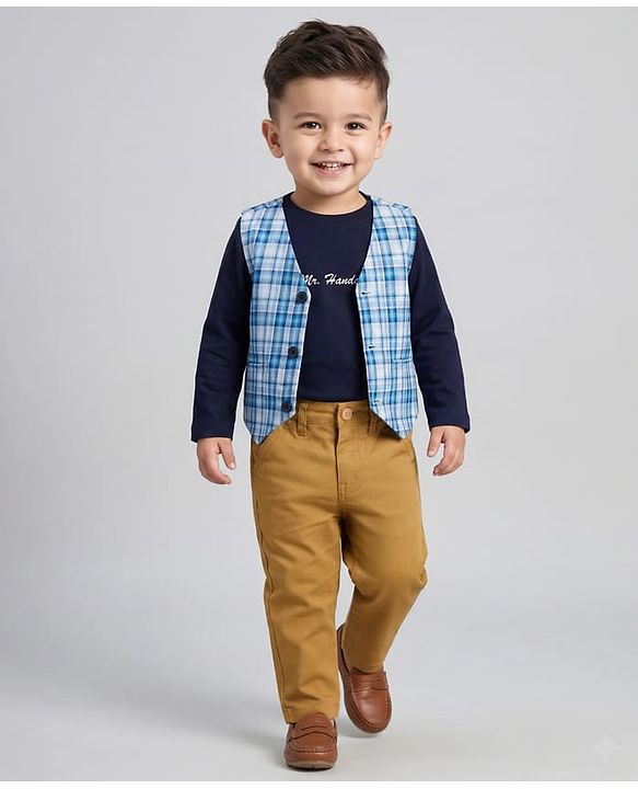Babyhug Cotton Woven Full Sleeves T-Shirt with Yarn Dyed Checks Waistcoat & Trouser - Blue