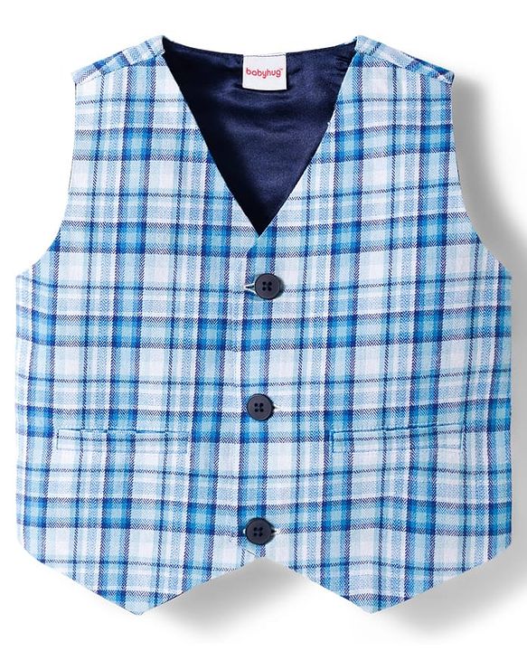 Babyhug Cotton Woven Full Sleeves T-Shirt with Yarn Dyed Checks Waistcoat & Trouser - Blue