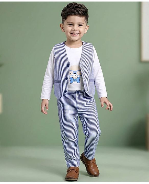 Babyhug Cotton Woven Full Sleeves Dog Printed Party T-Shirt & Trouser Set With Waistcoat - Blue