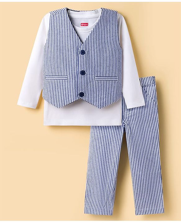 Babyhug Cotton Woven Full Sleeves Dog Printed Party T-Shirt & Trouser Set With Waistcoat - Blue