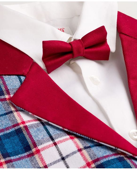 Babyhug Cotton Woven Full Sleeves Yarn Dyed Checks 3 Piece Party Suit With Bow & Waist Coat - Maroon