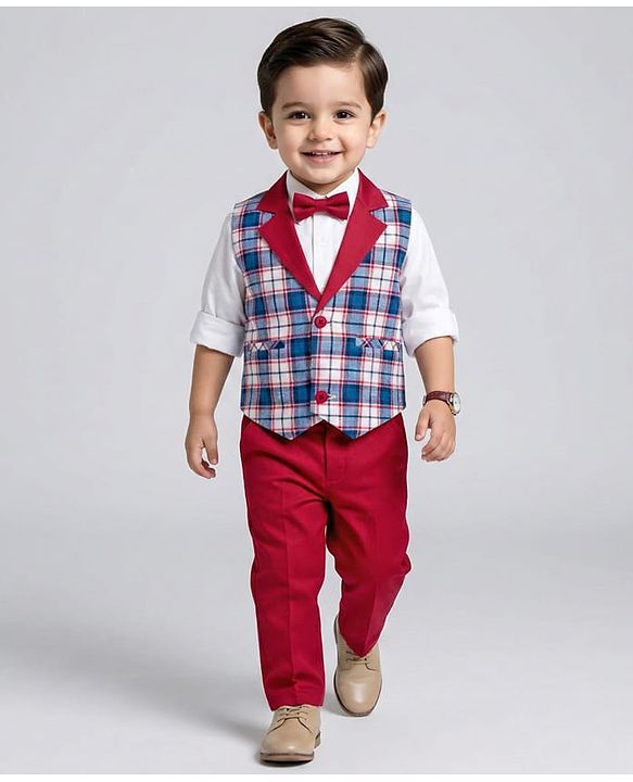 Babyhug Cotton Woven Full Sleeves Yarn Dyed Checks 3 Piece Party Suit With Bow & Waist Coat - Maroon