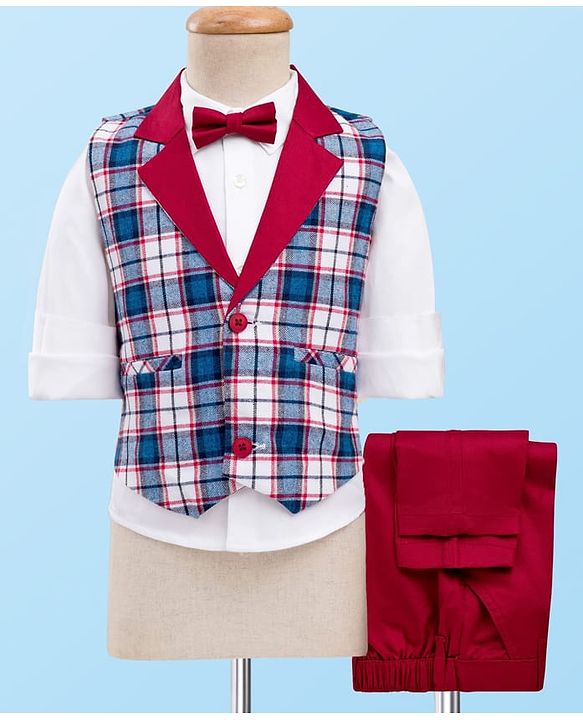 Babyhug Cotton Woven Full Sleeves Yarn Dyed Checks 3 Piece Party Suit With Bow & Waist Coat - Maroon