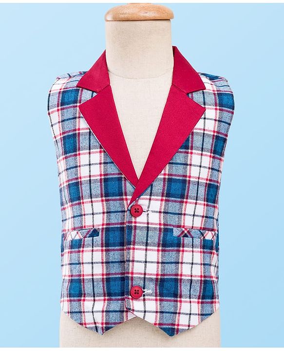 Babyhug Cotton Woven Full Sleeves Yarn Dyed Checks 3 Piece Party Suit With Bow & Waist Coat - Maroon