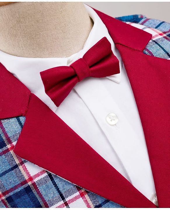 Babyhug Cotton Woven Full Sleeves Yarn Dyed Checks 3 Piece Party Suit With Bow & Waist Coat - Maroon
