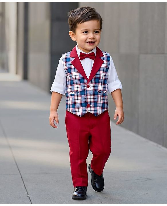 Babyhug Cotton Woven Yarn Dyed 3 Piece Party Suit with Bow & Checks - Maroon & White
