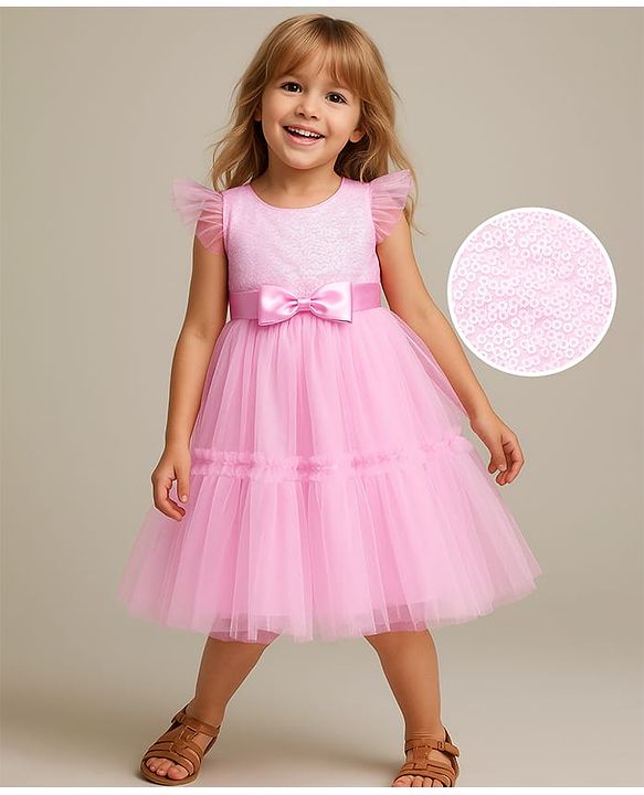 Babyhug 5 Layered Sleeveless Partywear Mesh Dress With Sequinned Yoke & Bow Applique With Cotton Lining - Light Pink