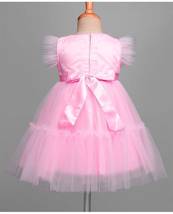 Babyhug 5 Layered Sleeveless Partywear Mesh Dress With Sequinned Yoke & Bow Applique With Cotton Lining - Light Pink
