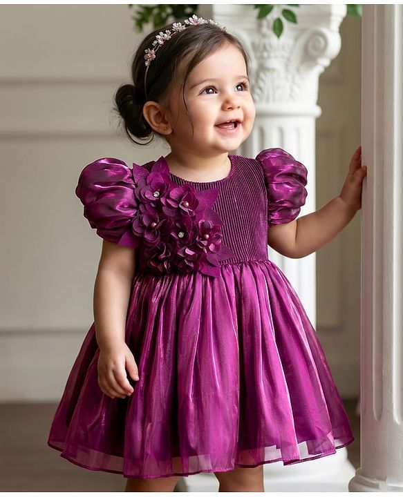 Babyhug Woven Half Sleeves Party Dress With Floral Corsage - Wine