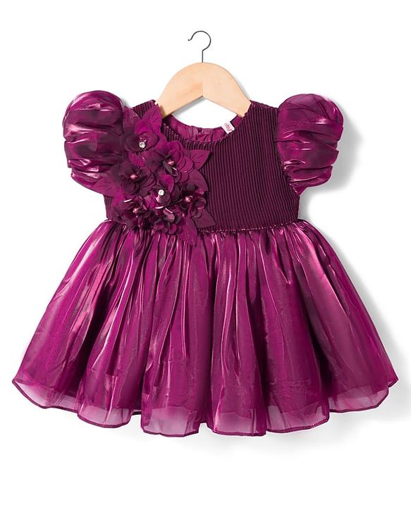 Babyhug Woven Half Sleeves Party Dress With Floral Corsage - Wine