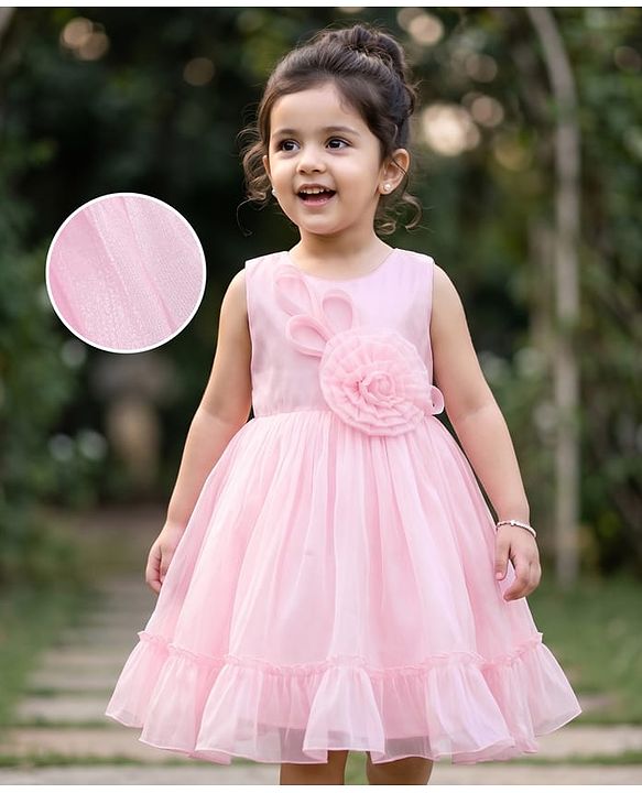 Babyhug Woven Sleeveless Party Dress With Floral Corsage - Pink