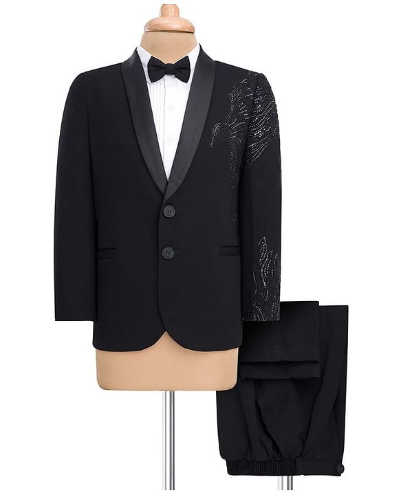 Babyhug Knit Full Sleeves Embellished 3 Piece Party Suit with Bow - Black