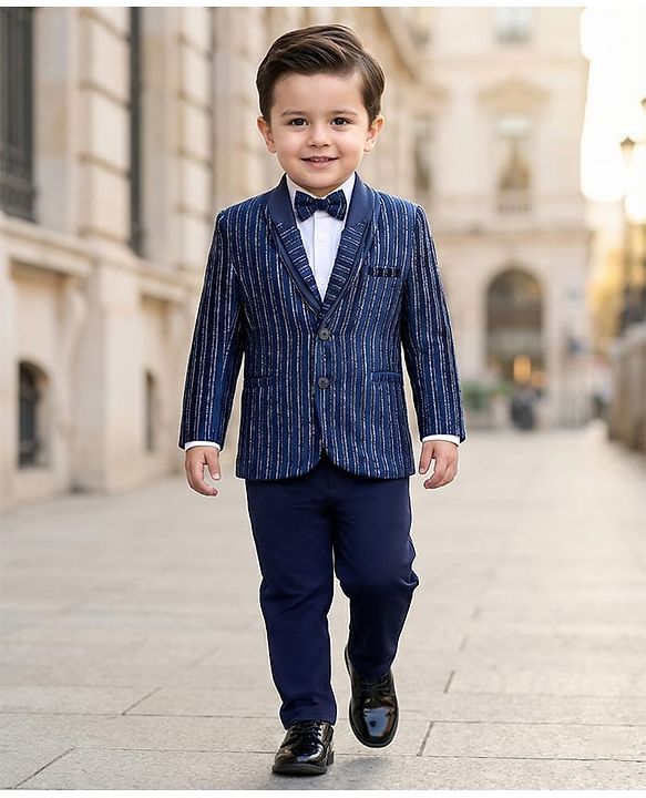Babyhug Velour Knit Full Sleeves Shimmer 3 Piece Party Suit With Bow - Navy Blue & White