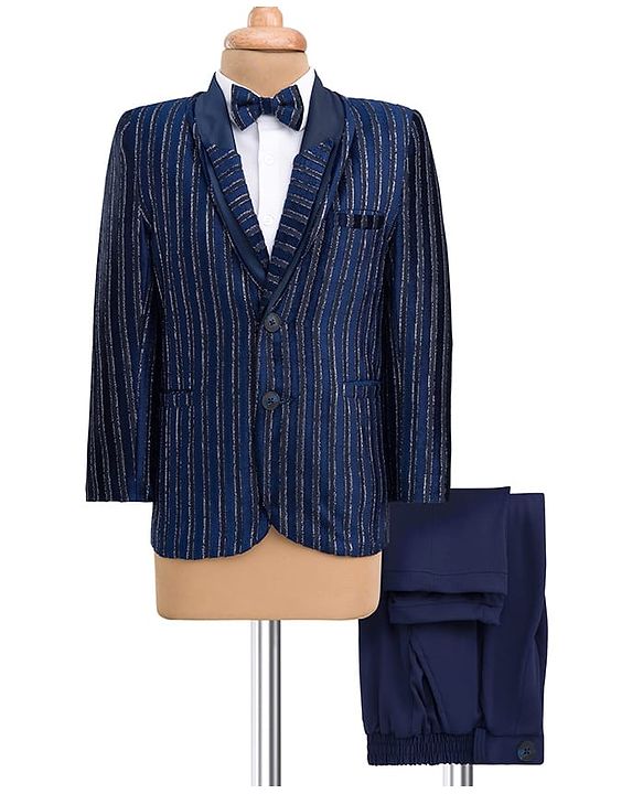 Babyhug Velour Knit Full Sleeves Shimmer 3 Piece Party Suit With Bow - Navy Blue & White