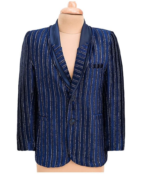 Babyhug Velour Knit Full Sleeves Shimmer 3 Piece Party Suit With Bow - Navy Blue & White
