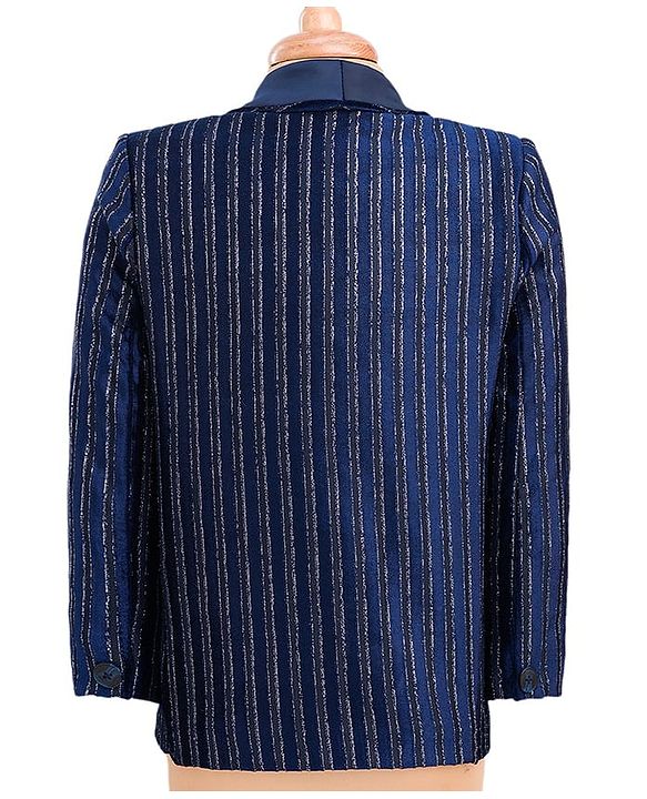 Babyhug Velour Knit Full Sleeves Shimmer 3 Piece Party Suit With Bow - Navy Blue & White