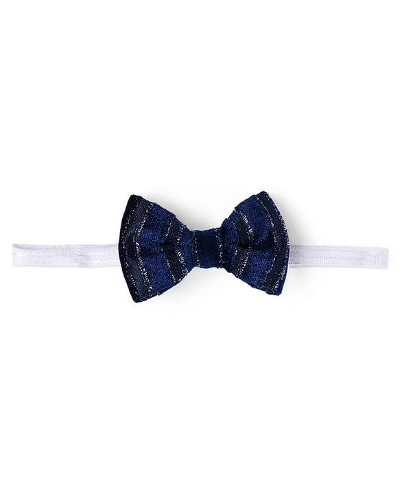 Babyhug Velour Knit Full Sleeves Shimmer 3 Piece Party Suit With Bow - Navy Blue & White