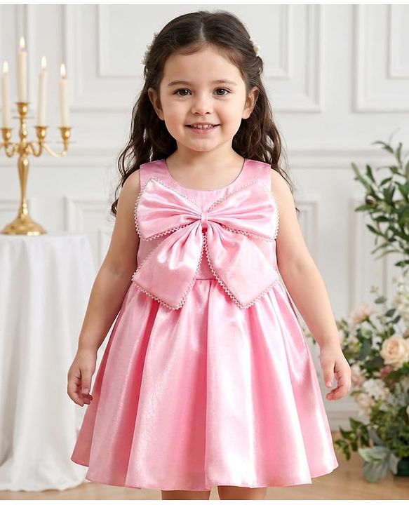 Babyhug Woven Sleeveless Party Dress with Bow Applique - Light Pink