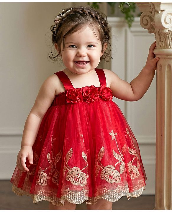 Babyhug Mesh Woven Sleeveless Party Dress With Floral Applique & Embroidery - Red