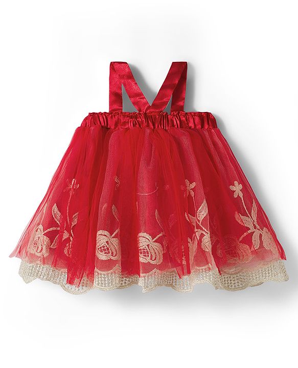 Babyhug Mesh Woven Sleeveless Party Dress With Floral Applique & Embroidery - Red