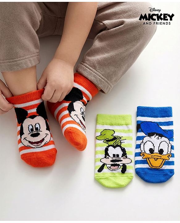Cute Walk by Babyhug Disney Knit Ankle Length Antibacterial Socks With Mickey Mouse and Friends Graphic Pack of 3 - Blue & Orange