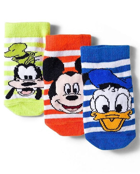 Cute Walk by Babyhug Disney Knit Ankle Length Antibacterial Socks With Mickey Mouse and Friends Graphic Pack of 3 - Blue & Orange
