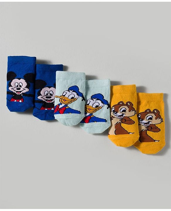 Cute Walk by Babyhug Disney Knitted Ankle Length Anti Bacterial Socks With Mickey Mouse and Friends Graphic Pack of 3 - Yellow & Blue