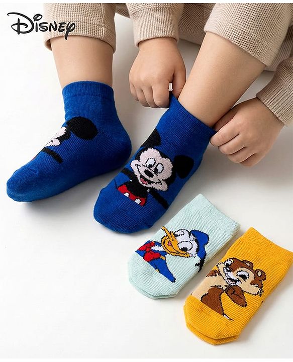 Cute Walk by Babyhug Disney Knitted Ankle Length Anti Bacterial Socks With Mickey Mouse and Friends Graphic Pack of 3 - Yellow & Blue