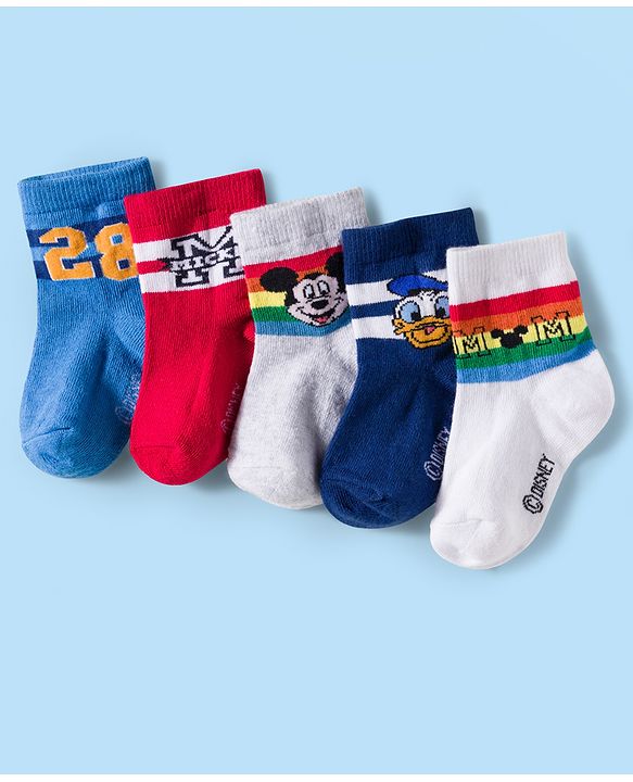Cute Walk by Babyhug Disney Knit Ankle Length Antibacterial Socks with Mickey Mouse and Friends Graphic Pack of 5 - Navy Blue Red & White