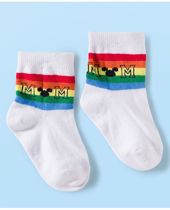 Cute Walk by Babyhug Disney Knit Ankle Length Antibacterial Socks with Mickey Mouse and Friends Graphic Pack of 5 - Navy Blue Red & White