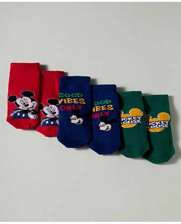 Cute Walk by Babyhug Disney Knit Ankle Length Antibacterial Socks with Mickey Mouse Graphic Pack of 3 - Dark Green Red & Navy Blue