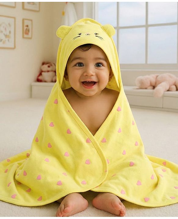 Babyhug Cotton Terry Knit Hooded Towel with Ear Applique Heart Print & Embroidery L 74 x B 69 cm - Yellow