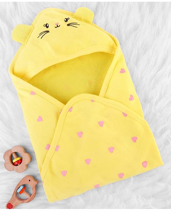 Babyhug Cotton Terry Knit Hooded Towel with Ear Applique Heart Print & Embroidery L 74 x B 69 cm - Yellow