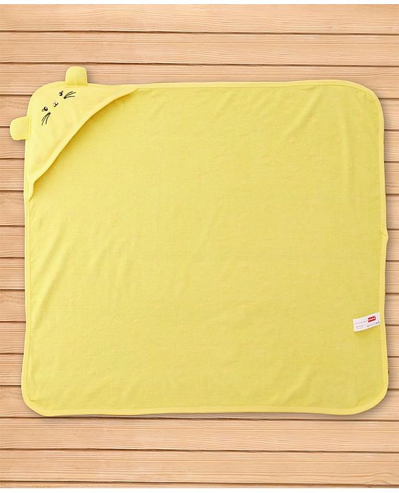 Babyhug Cotton Terry Knit Hooded Towel with Ear Applique Heart Print & Embroidery L 74 x B 69 cm - Yellow