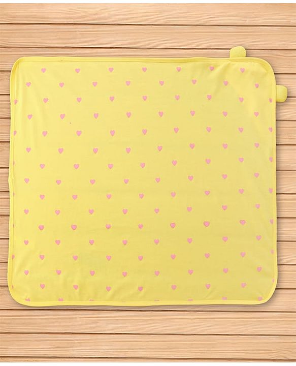 Babyhug Cotton Terry Knit Hooded Towel with Ear Applique Heart Print & Embroidery L 74 x B 69 cm - Yellow