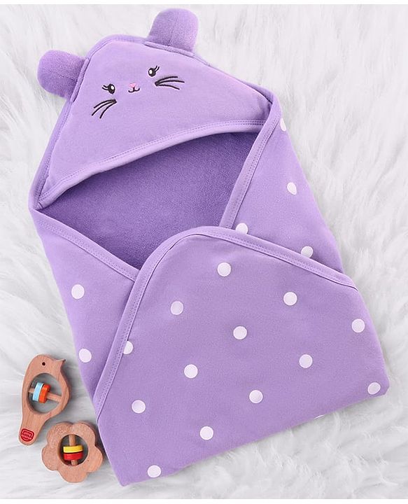 Babyhug Cotton Terry Knit Hooded Towel with Ear Applique Polka Dot Print & Embroidery L 73 x B 72 cm - Lilac