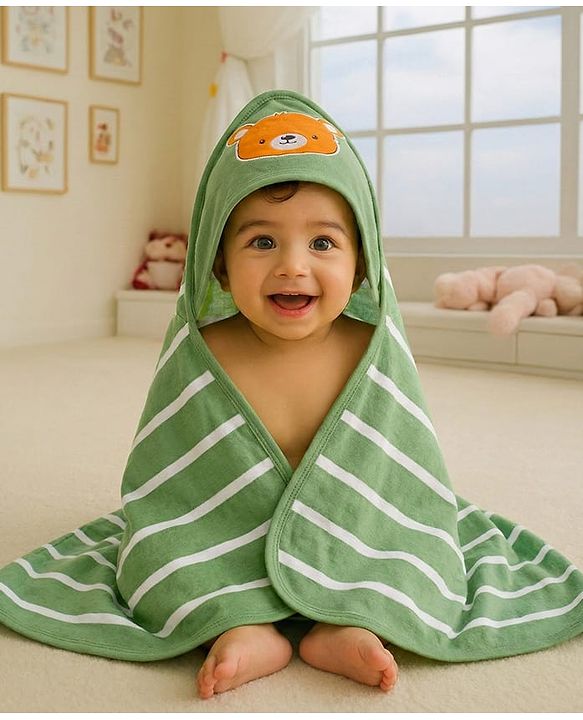 Babyhug Cotton Terry Knit Hooded Towel with Bear Patch Detailing & Stripes L 76 x B 74 cm - Green