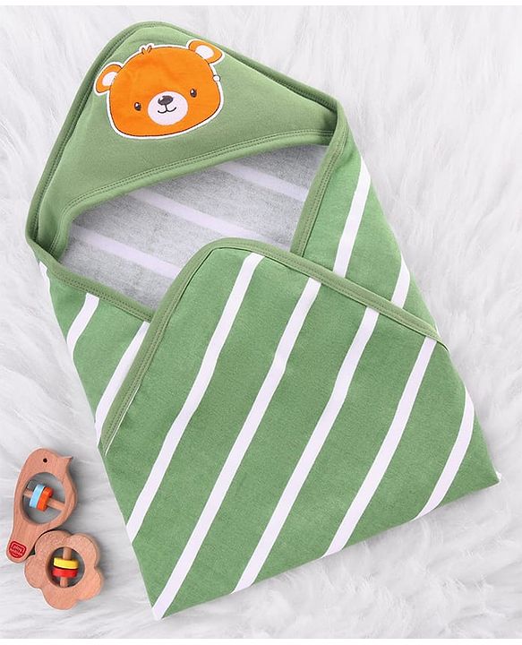 Babyhug Cotton Terry Knit Hooded Towel with Bear Patch Detailing & Stripes L 76 x B 74 cm - Green
